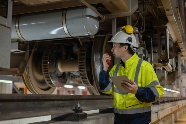istock Project  Engineer train Inspect the train's diesel engine, railway track in depot of train 1478628569