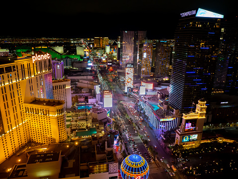 Aerial shot of Las Vegas, Nevada at night. Authorization was obtained from the FAA for this operation in restricted airspace.