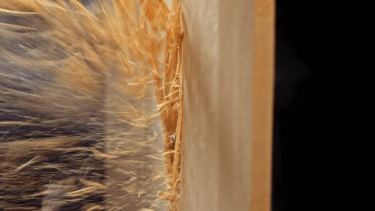 SLO MO LD Bullet hitting wood and pieces of wood flying into the air