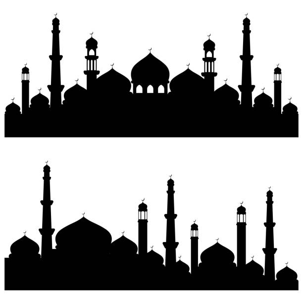 stockillustraties, clipart, cartoons en iconen met set of flat mosque silhouette vector illustration. islamic mosque buildings in silhouette for background element design. - mosque