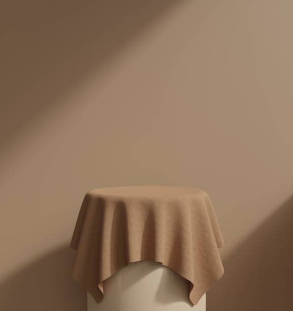Brown fabric podium on window shadow background.Stand display show cosmetic product.3D abstract brown backdrop concept.Geometric stage showcase.3D rendering