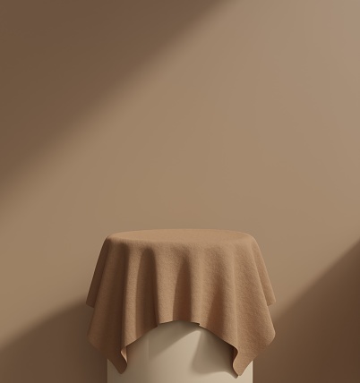 Brown fabric podium on window shadow background.Stand display show cosmetic product.3D abstract brown backdrop concept.Geometric stage showcase.3D render