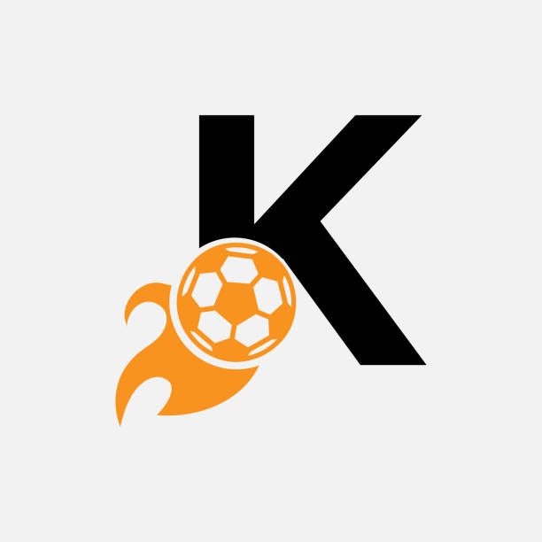 illustrazioni stock, clip art, cartoni animati e icone di tendenza di concetto di logo calcistico iniziale della lettera k con icona del calcio in movimento e simbolo del fuoco. modello vettoriale logo calcio - k pop