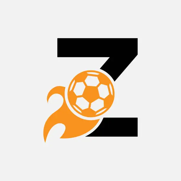 Vector illustration of Initial Letter Z Football Logo Concept With Moving Football Icon and Fire symbol. Soccer Logotype Vector Template