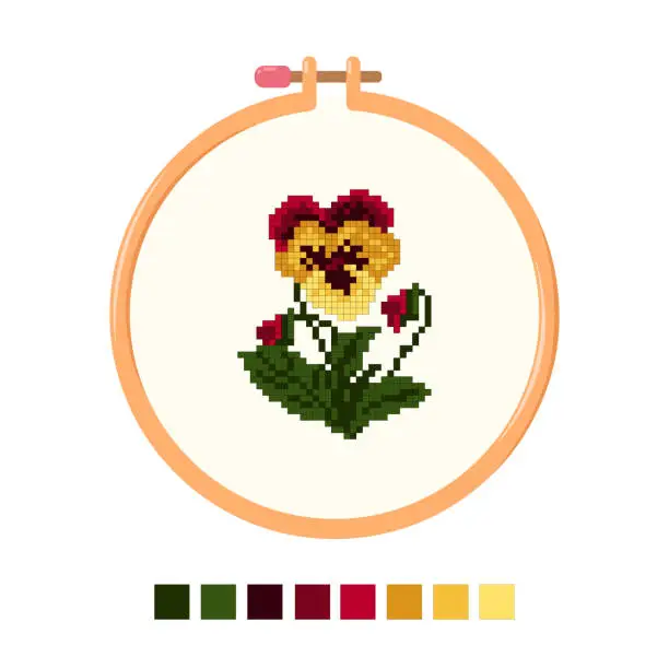 Vector illustration of Tambour floral embroidery. Cross stitch pansies