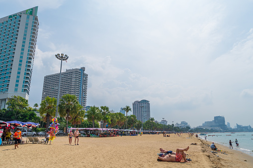 Jomtien Beach Pattaya Thailand 11 January 2022, and tourists come to relax on holidays on the beach of Pattaya