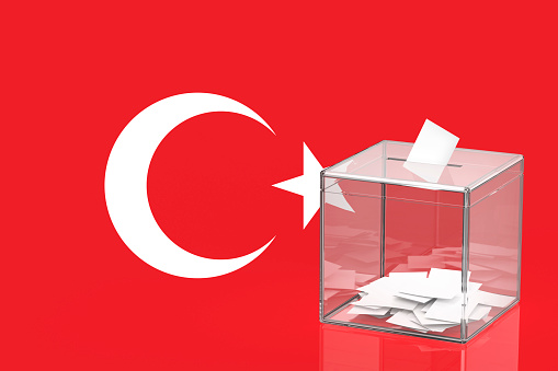 Ballot box with Turkish flag, concept image for elections in Türkiye
