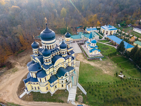 View of the Hancu Monastery from the drone. Churches, other buildings and green lawns. Moldova