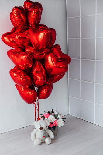 Valentine's Day Holiday February 14 Many Red Balloons Heart Shaped Balloons Red With Toys In The Room