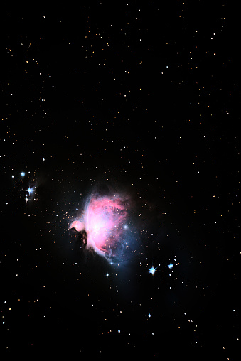 Orion Nebula, also known as Messier 42, M42, or NGC 1976, is a diffuse nebula located south of Orion's belt.