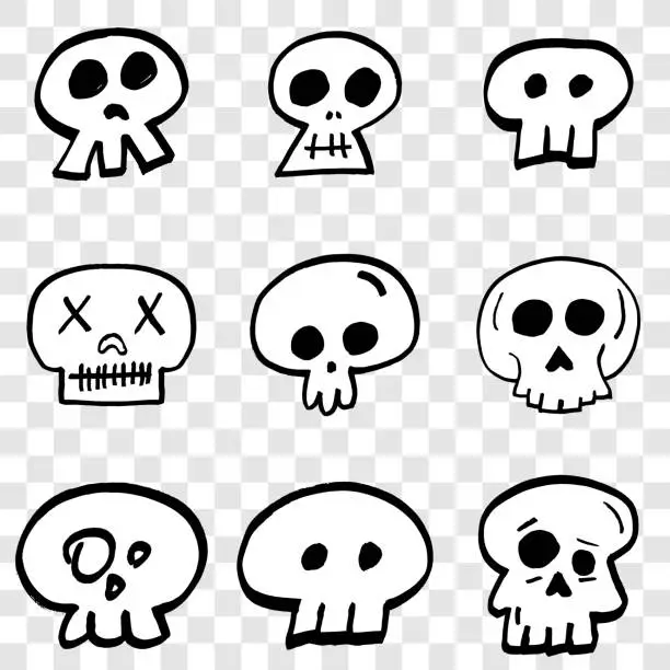 Vector illustration of Skulls grunge doodles vector set.