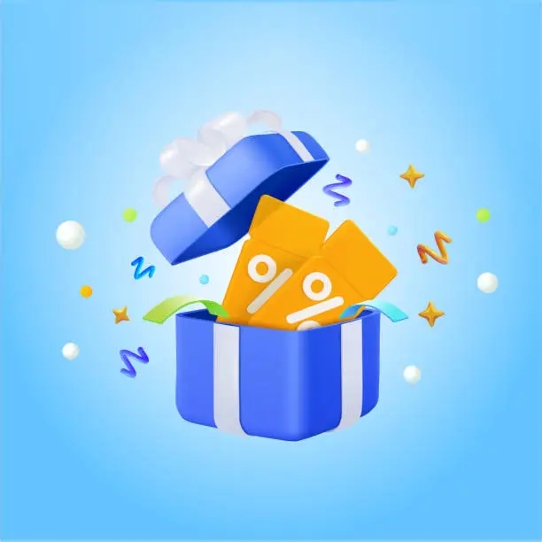 Vector illustration of 3d vector discount coupon, voucher vector event ticket icon badge, gift box with confetti special voucher concept. Holiday sale, lucky win surprise, benefit reward program offer, online shopping bonus