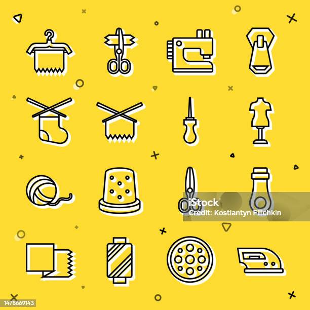 Set Line Awl Tool Sewing Thread On Spool Button Safety Pin Zipper Pattern  And Yarn Icon Vector Stock Illustration - Download Image Now - iStock