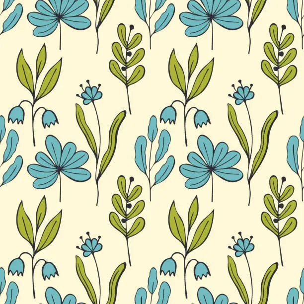 Vector illustration of Spring flowers pattern, doodle hand drawn stylized.