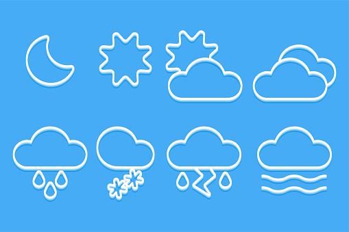 Vector icon collection for weather forecast reports, featuring clean and simple icons for sunny, rainy, cloudy, snowy, and overcast days. Perfect for use in weather apps, websites, widgets for web