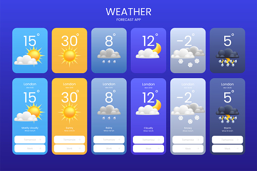 Set of meteorological 3d cartoon icons of rain, thunderstorm, cloudy, clear Suitable for weather apps, templates, widgets, icons or illustrations. AI UX app screen design, mobile interfaces.