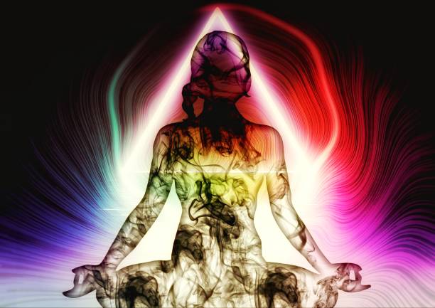 istock Silhouette illustration of a woman meditating with light effects 1478679780