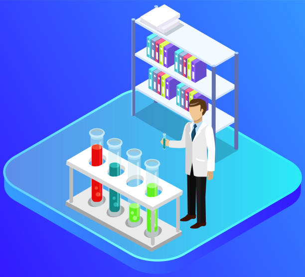 ilustrações de stock, clip art, desenhos animados e ícones de laboratory assistant conducts scientific experiment. scientists make lab research with equipment - science botany chemistry formula