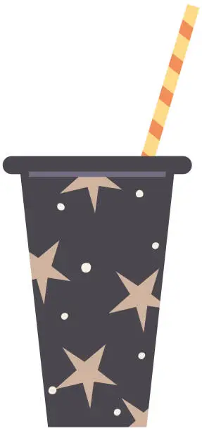 Vector illustration of Paper cup with painted stars. Space themed drink decoration. Container with straw and cosmic print