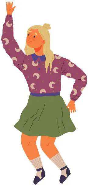 Vector illustration of Portrait of cute girl dancing or posing. Young lady in skirt and pink sweater stands in strange pose