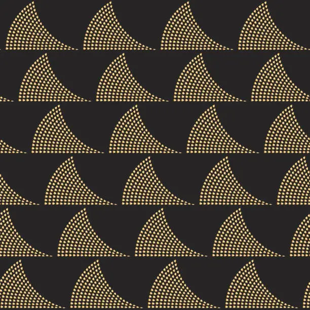 Vector illustration of Geometrical art deco ocean waves from small golden drops on a black background. Vector seamless pattern
