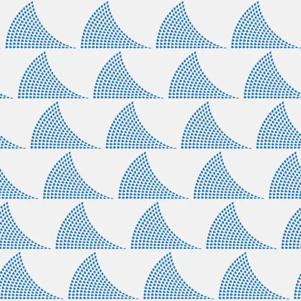 Vector illustration of Geometrical ocean waves from small blue drops on a light grey  background. Vector seamless pattern