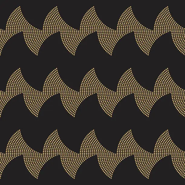 Vector illustration of Vector seamless pattern, art deco wallpaper. Waves from small golden drops on a black background