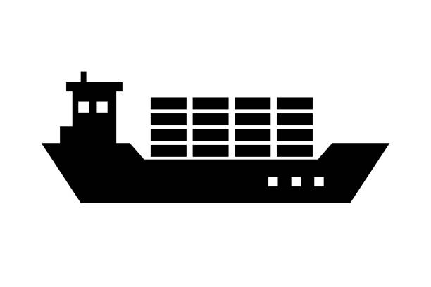 화물선과 화물 실루엣 아이콘입니다. 해운 산업. 벡터. - industrial ship container ship cargo container nautical vessel stock illustrations