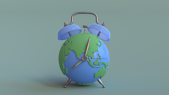 Earth globe that looks like an alarm clock on green background. Minimal idea concept, 3d Render.