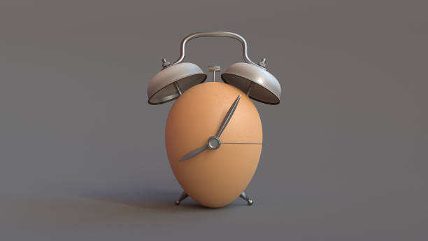 Egg that looks like an alarm clock on gray background. Minimal idea concept, 3d Render.