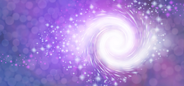 beautiful purple lilac bokeh overlaid with a vibrant white fibonacci spiral throwing out sparkles ideal for a party or spiritual theme invitation template