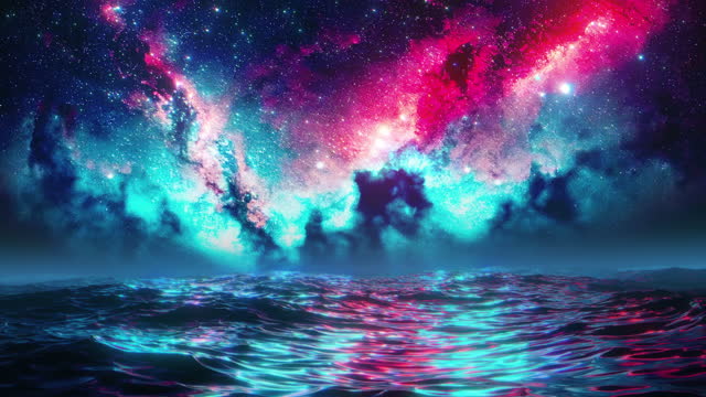 Tranquil sea waves at night against beautiful nebula and stars in the sky. Fantasy dream-like lights and atmosphere. Loop 3D render