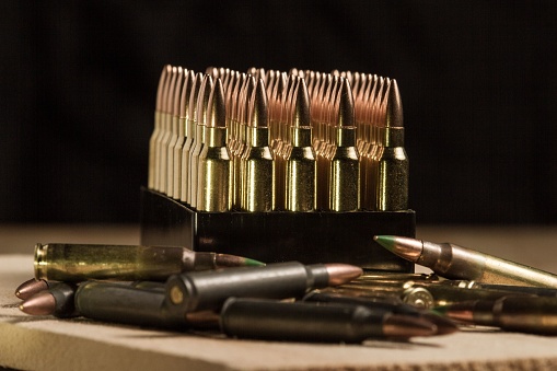 Loose Bullets 556x45mm Bullets Standing In A Holder With Loose Ammunition Arranged ...