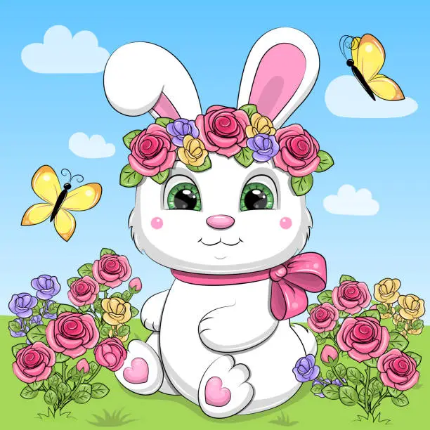 Vector illustration of A cute cartoon white rabbit with a flower wreath sits in a rose garden..