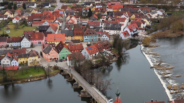 Beautiful Bavarian Houses and a Rushing River in the Village from Above