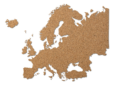 Europe map cork wood texture cut out on white background.