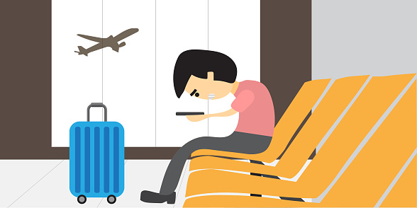 Businessman or manager missed a plane and very upset. Illustration, vector, flat