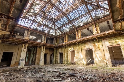 Hayange, France – April 17, 2022: An abandoned office building of an old steel mill in Hayange, France after the decline of the local steel industry
