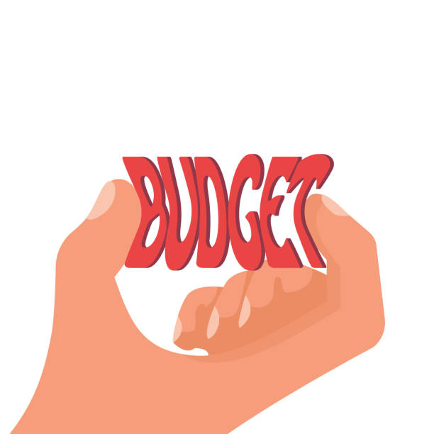 drücken sie das budget. hand drückt das wort "budget" mit den fingern - scarcity stock-grafiken, -clipart, -cartoons und -symbole