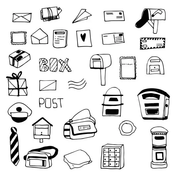 Vector illustration of Vector set post office parcels letters. Telegrams