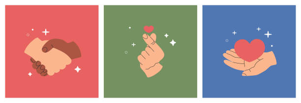 istock Set of three different human hands with hearts and icon of handshake 1478694691