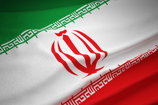 Iran Flag. Waving  Fabric Satin Texture Flag of Iran 3D illustration. Real Texture Flag of the Islamic Republic of Iran