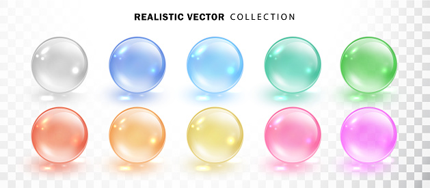 Colorful glass orbs realistic collection. Set of colored spheres set isolated on transparent background