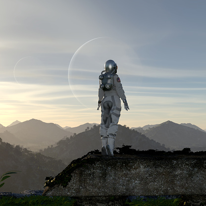 3d illustration of a female astronaut standing atop a rock looking at the sky with a moon in the background.