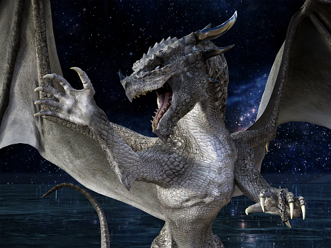 3d illustration of a snarling gray dragon with spread wings and talons up against a background of ice and a dark night sky.