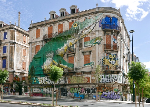 Lissabon, Portugal – September 09, 2017: A large rural of a crocodile on an old building by street artist Ericailcane in Lisbon, Portugal