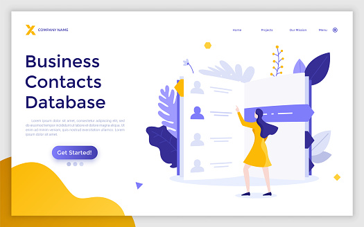 Landing page template with woman looking at telephone book or directory. Concept of business contact database with client information or data. Modern flat colorful vector illustration for website.