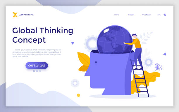 istock Landing page template with person standing on ladder and putting planet Earth into human head. Concept of global thinking, world intelligence, international business project. Flat vector illustration. 1478699040