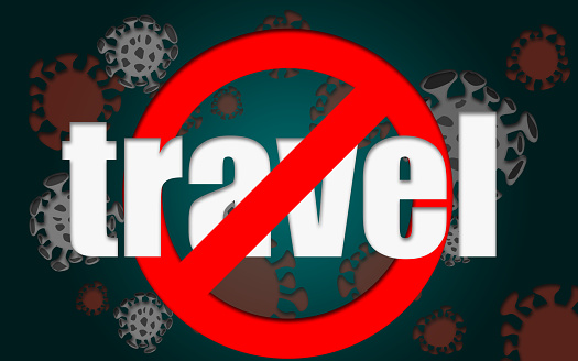 A 3d rendering illustration of Coronavirus 2019 travel ban sign.