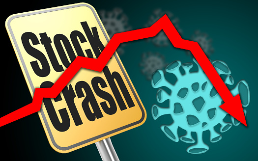 A 3D rendering illustration of a fall in stocks due to the new coronavirus Covid-19